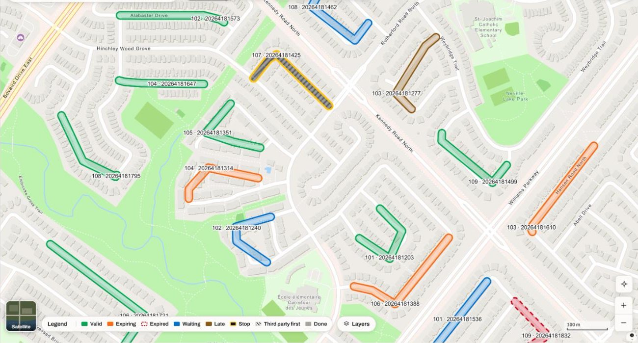The Dig Window map: every dig zone drawn on the street map with its ticket number, coloured green for Valid, orange for Expiring, blue for Waiting, and hatched yellow for a stop order, with the legend along the bottom.