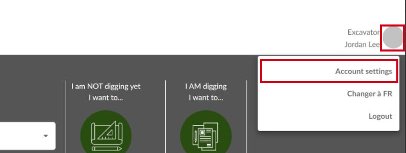 The One Call portal header with the account menu open and Account settings highlighted