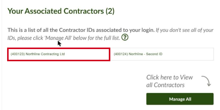 The Your Associated Contractors list on the Accounts page, with the first Contractor ID highlighted