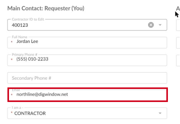 The Main Contact block on the Edit a Contractor ID page with the Email field highlighted, showing an intake address
